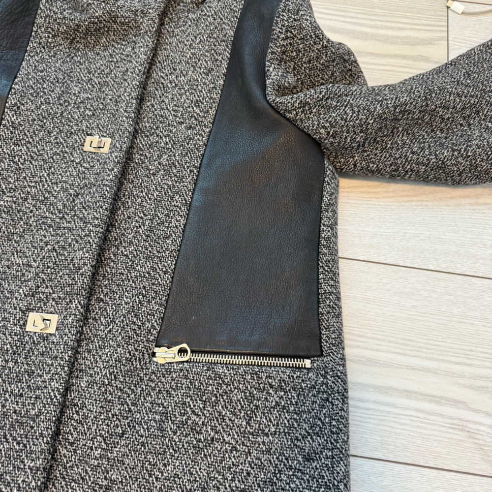 Sandro Paris 36 wool cowhide leather peacoat jacket grey black tweed luxury fall - Picture 5 of 12